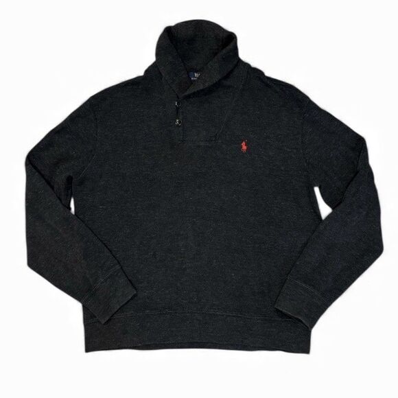 Polo Ralph Lauren Sweater Mens L Shawl Collar Gray Cotton Pullover Pony Logo - Picture 1 of 7